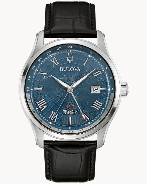Blue Dial Leather Strap Wilton GMT 96B385 Bulova
